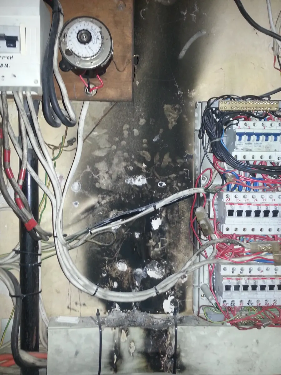Electrical equipment with substantial heat and fire damage