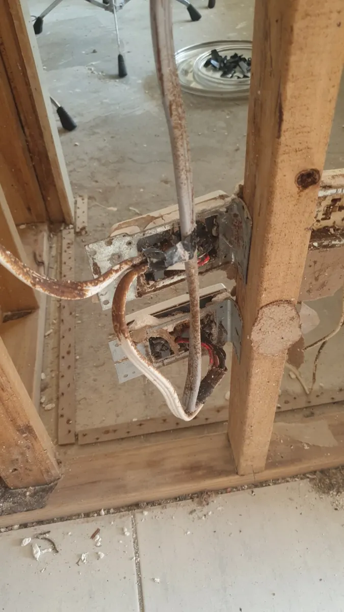 Electrical cabling and wall boxes exposed during renovation